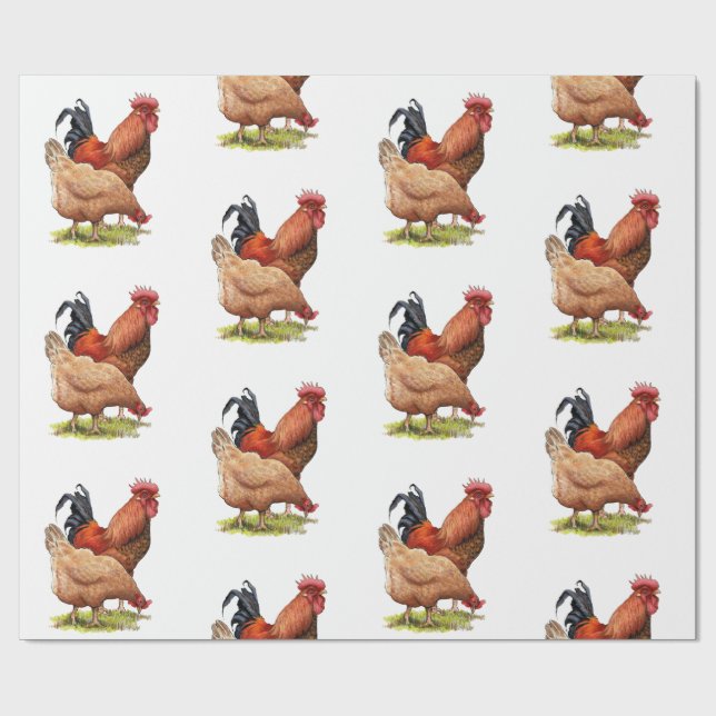 Chicken And Rooster Art, Poultry, Farm Animals Wrapping Paper (Flat)
