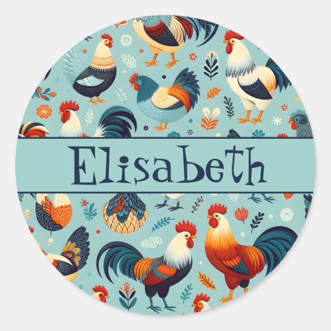 Chicken and Rooster Design Personalise Classic Round Sticker (Front)