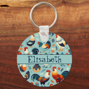 Chicken and Rooster Design Personalise Keychain