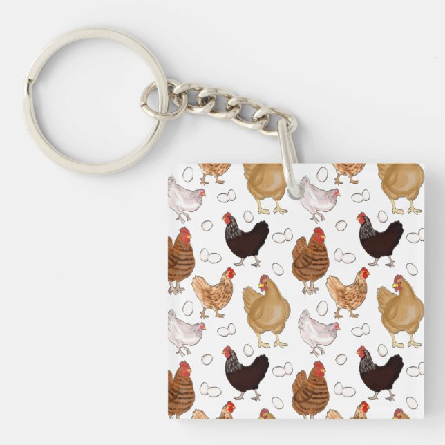 Chicken and the Eggs Pattern on White Keychain (Front)