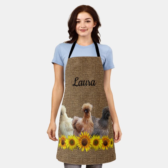 Chicken Apron Your Name Silkies Sunflowers Burlap (Worn)