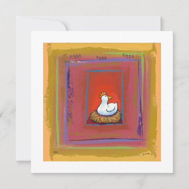 Chicken art hen laying eggs fun colourful painting invitation (Front)
