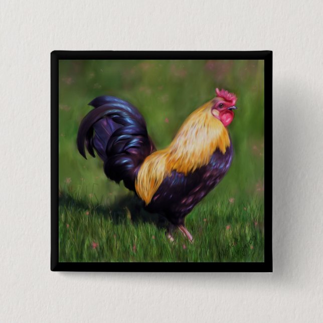 Chicken Art Stuart Bantam Rooster 2 Inch Square Button (Front)
