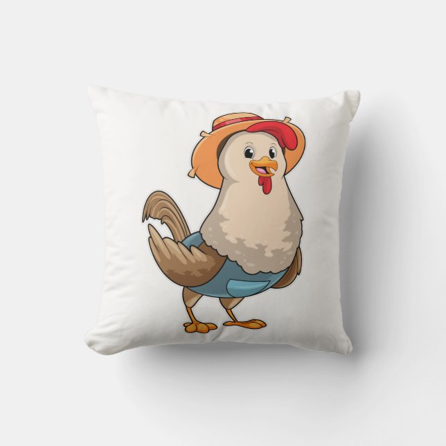 Chicken as Farmer with Hat Throw Pillow (Front)