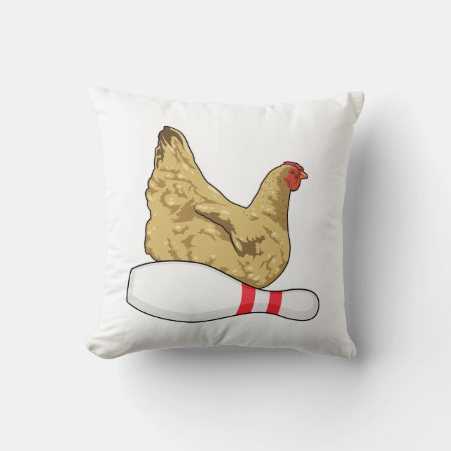 Chicken at Bowling with Bowling pin Throw Pillow (Front)