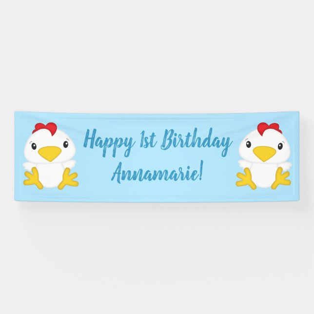 Chicken Birthday Party Blue Banner (Horizontal)