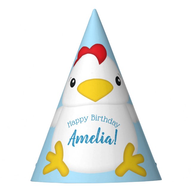 Chicken Birthday Party Blue Party Hat (Front)