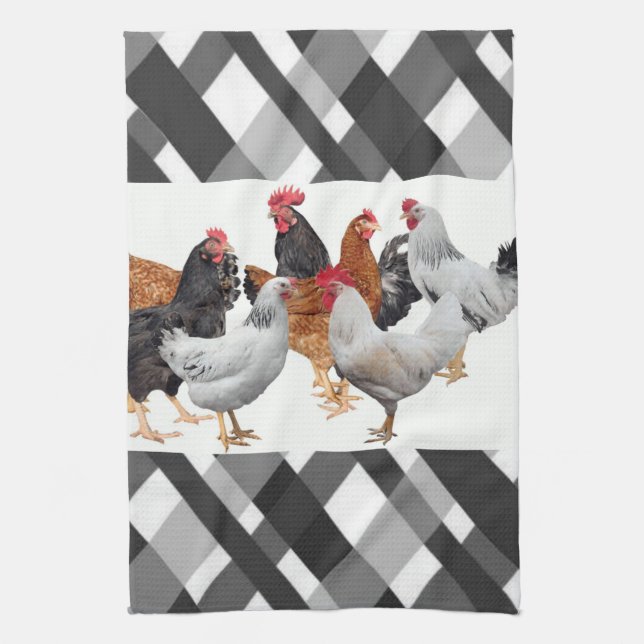 Chicken Black White Plaid Kitchen Hand Towel (Vertical)