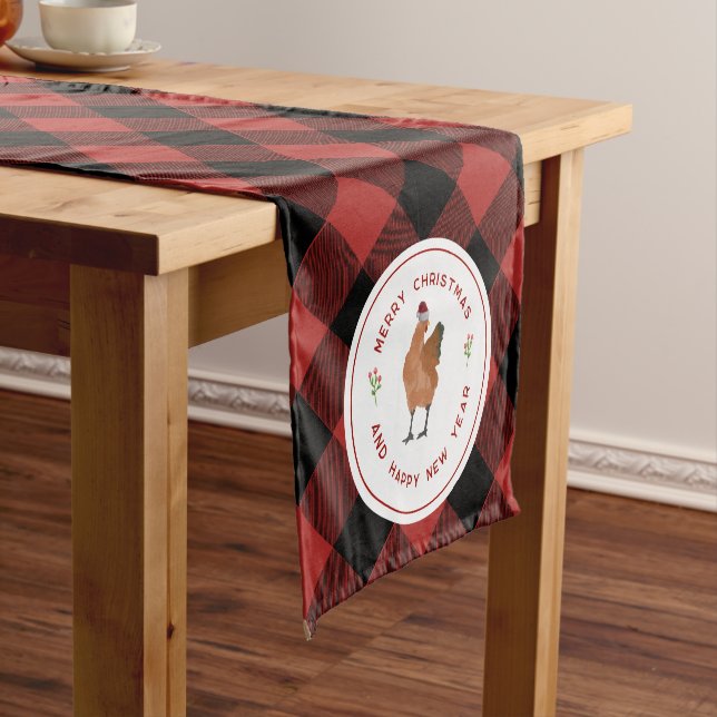 Chicken Christmas Buffalo Plaid Short Table Runner (In Situ)