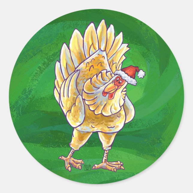 Chicken Christmas On Green Classic Round Sticker (Front)