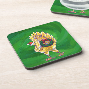Chicken Christmas On Green Coaster