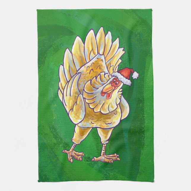 Chicken Christmas On Green Kitchen Towel (Vertical)