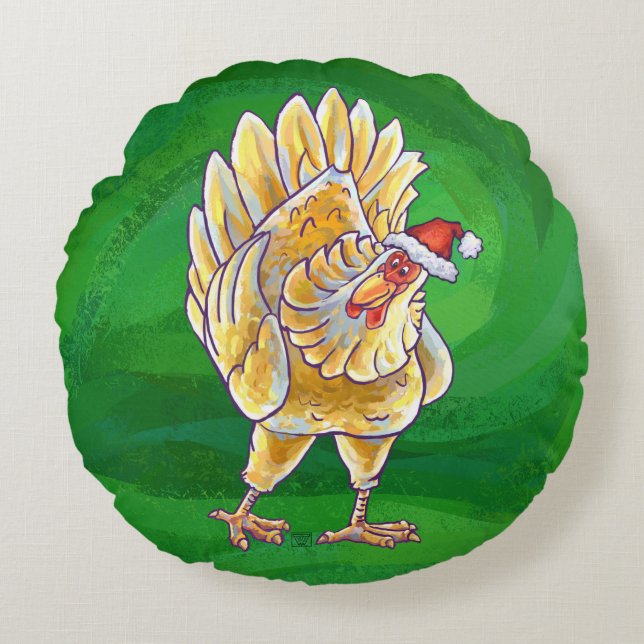 Chicken Christmas On Green Round Pillow (Front)