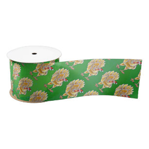 Chicken Christmas On Green Satin Ribbon