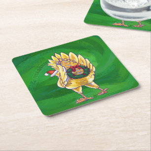 Chicken Christmas On Green Square Paper Coaster