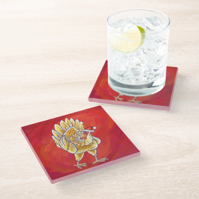 Chicken Christmas On Red Glass Coaster (Angled)