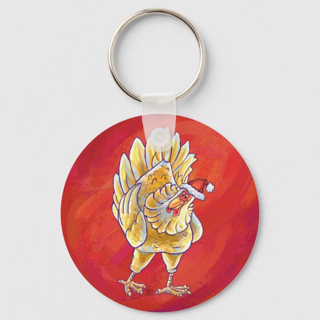 Chicken Christmas On Red Keychain (Front)