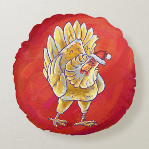 Chicken Christmas On Red Round Pillow