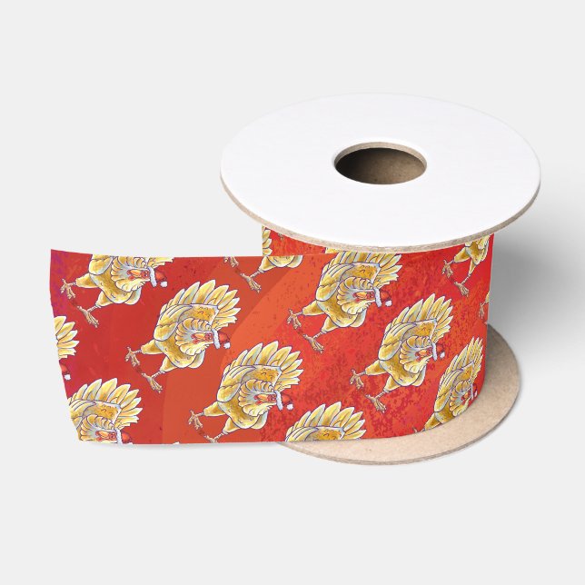 Chicken Christmas On Red Satin Ribbon (Spool)