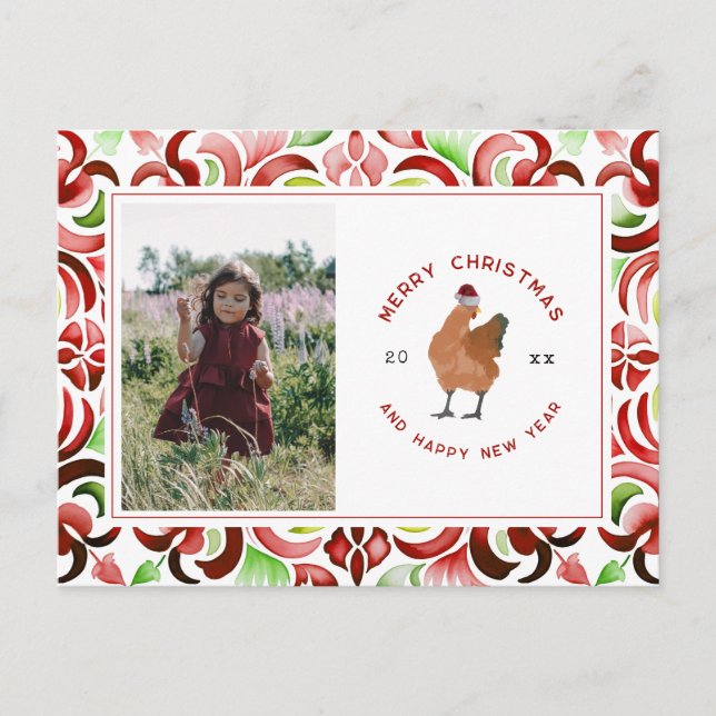 Chicken Christmas Photo Watercolor Holiday Postcard (Front)