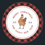 Chicken Christmas Plaid Classic Round Sticker<br><div class="desc">Illustration of a chicken wearing a santa hat. Border is red and black buffalo plaid pattern design.</div>