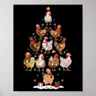 Chicken Christmas Tree Lights Santa Hat Funny Xmas Poster
