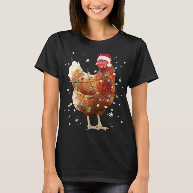 Chicken Christmas Tree Lights Santa Hat Funny Xmas T-Shirt (Front)