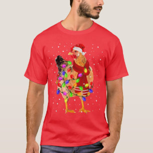 Chicken Christmas Tree Santa Hat Fairy Lights Arou T-Shirt