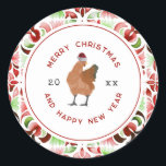 Chicken Christmas Watercolor Classic Round Sticker<br><div class="desc">Illustration of a chicken wearing a santa hat. Border is red and green watercolor floral tile pattern design.</div>