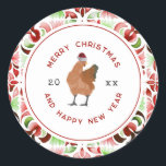 Chicken Christmas Watercolor Classic Round Sticker<br><div class="desc">Illustration of a chicken wearing a santa hat. Border is red and green watercolor floral tile pattern design.</div>