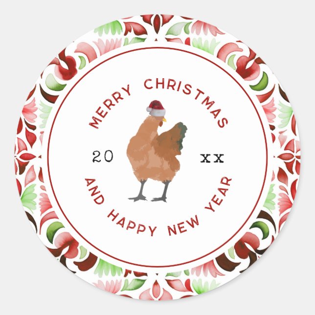 Chicken Christmas Watercolor Classic Round Sticker (Front)