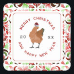 Chicken Christmas Watercolor Square Sticker<br><div class="desc">Illustration of a chicken wearing a santa hat. Border is red and green watercolor floral tile pattern design.</div>