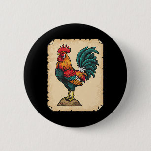 Chicken, Colourful Rooster Standing Tall 2 Inch Round Button