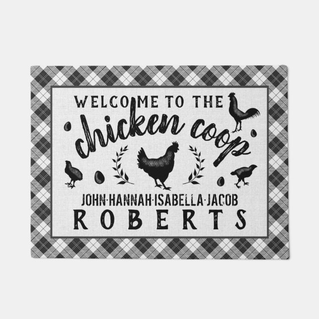Chicken Coop Hen Black Buffalo Check Plaid Country Doormat (Front)