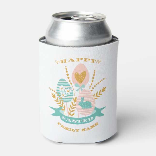 Chicken eggs and flowers Happy Easter text Can Cooler (Can Front)