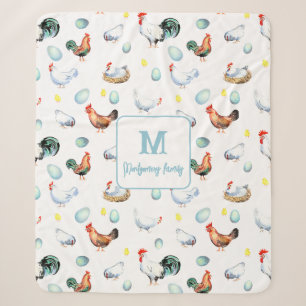 Chicken Family Farmhouse Monogram Sherpa Blanket