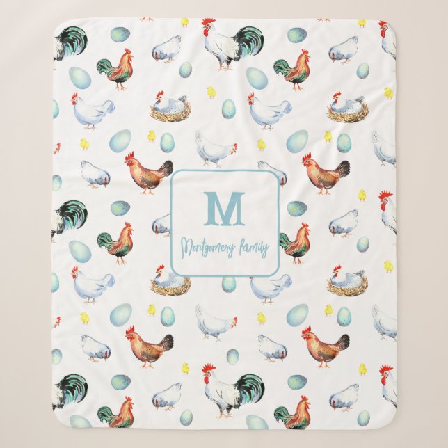 Chicken Family Farmhouse Monogram Sherpa Blanket (Front)