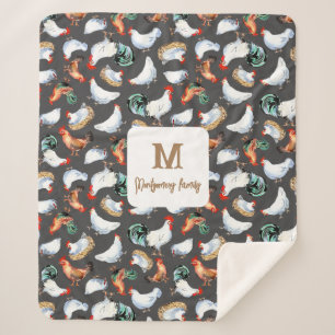 Chicken Family Farmhouse Monogram Sherpa Blanket
