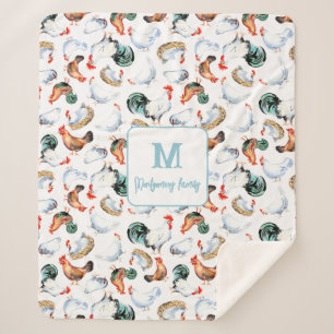 Chicken Family Farmhouse Monogram Sherpa Blanket