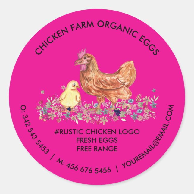 Chicken Farmhouse Organic Fresh Eggs pink Classic Round Sticker (Front)