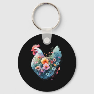 Chicken Floral Art Graphic Women Farm Chicken Love Keychain