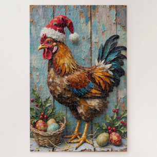 Chicken Guarding Christmas Eggs Rustic Hat Jigsaw Puzzle