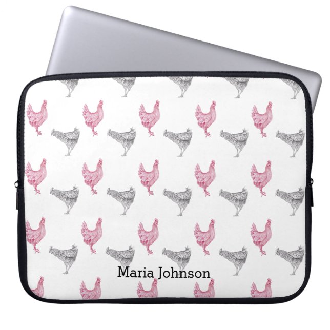 Chicken hand-drawn pattern | customize name. laptop sleeve (Front)