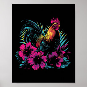 Chicken Hawaiian Flowers Rooster Kauai Hawaii Vint Poster