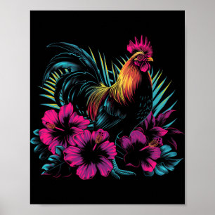 Chicken Hawaiian Flowers Rooster Kauai Hawaii Vint Poster