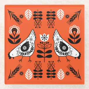 Chicken Hen Folk Art Glass Coaster