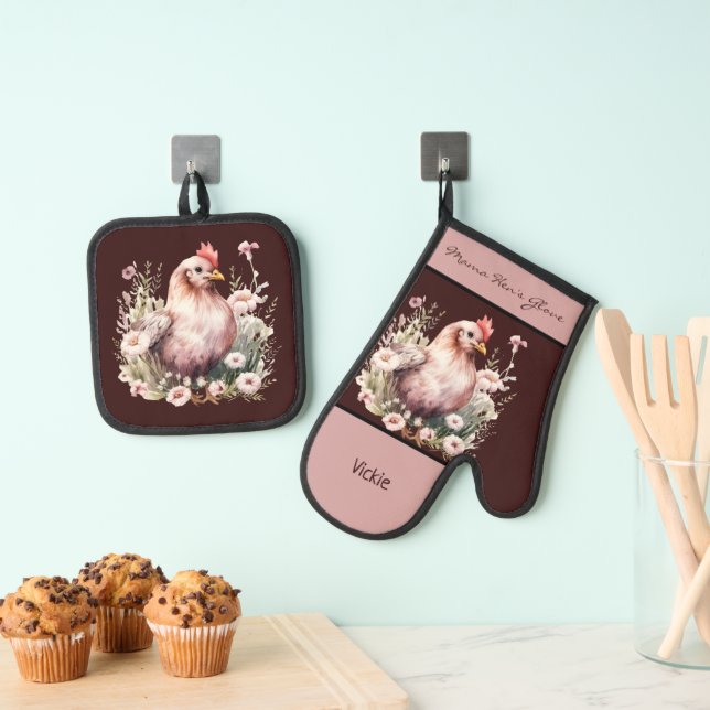 Chicken Hen In Flowers Burgundy Pink Oven Mitt & Pot Holder Set (Insitu(Hanging))