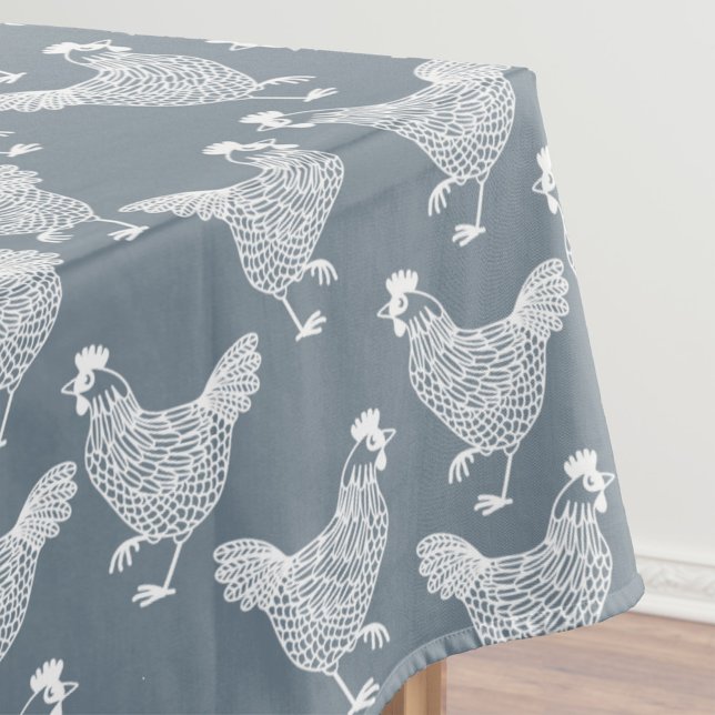 Chicken Hen Poultry Dusty Blue and White Tablecloth (Fun chicken hen poultry dusty blue grey tablecloth)