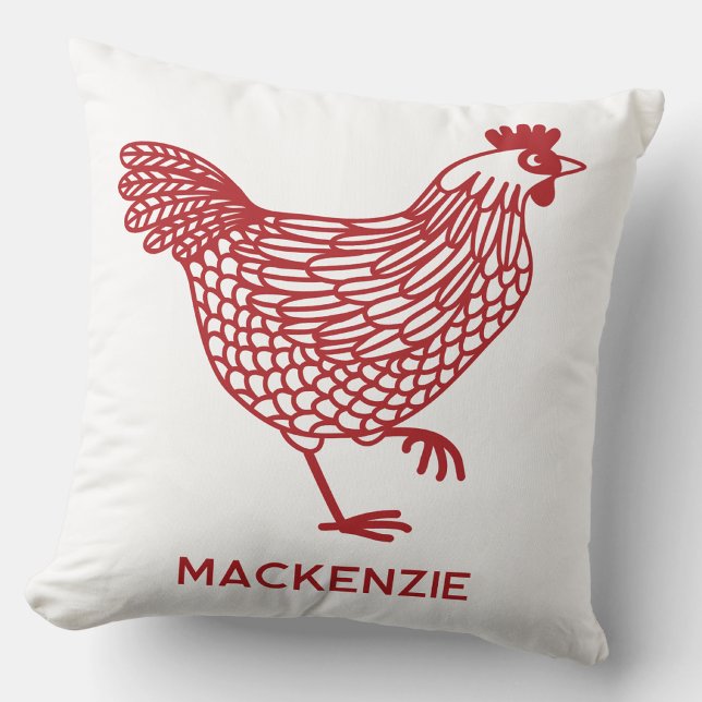 Chicken Hen Poultry Personalized Red and White Throw Pillow (Personalized name red chicken hen poultry farmhouse throw pillow)