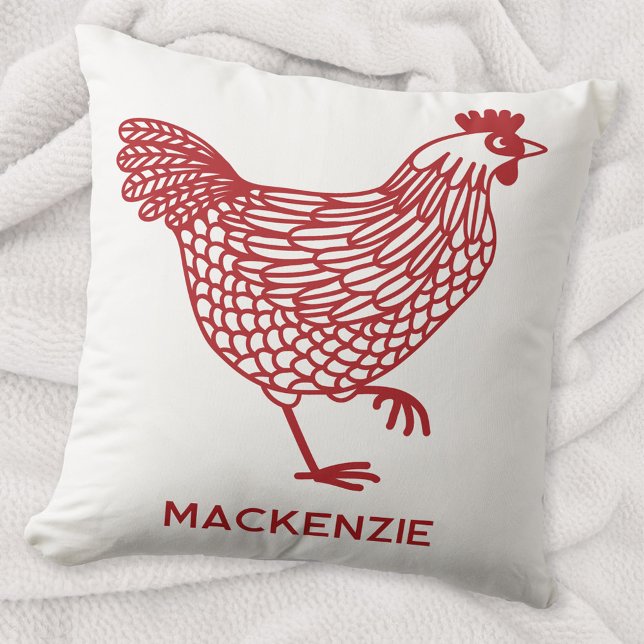 Chicken Hen Poultry Personalized Red and White Throw Pillow (Personalized name red chicken hen poultry farmhouse throw pillow)